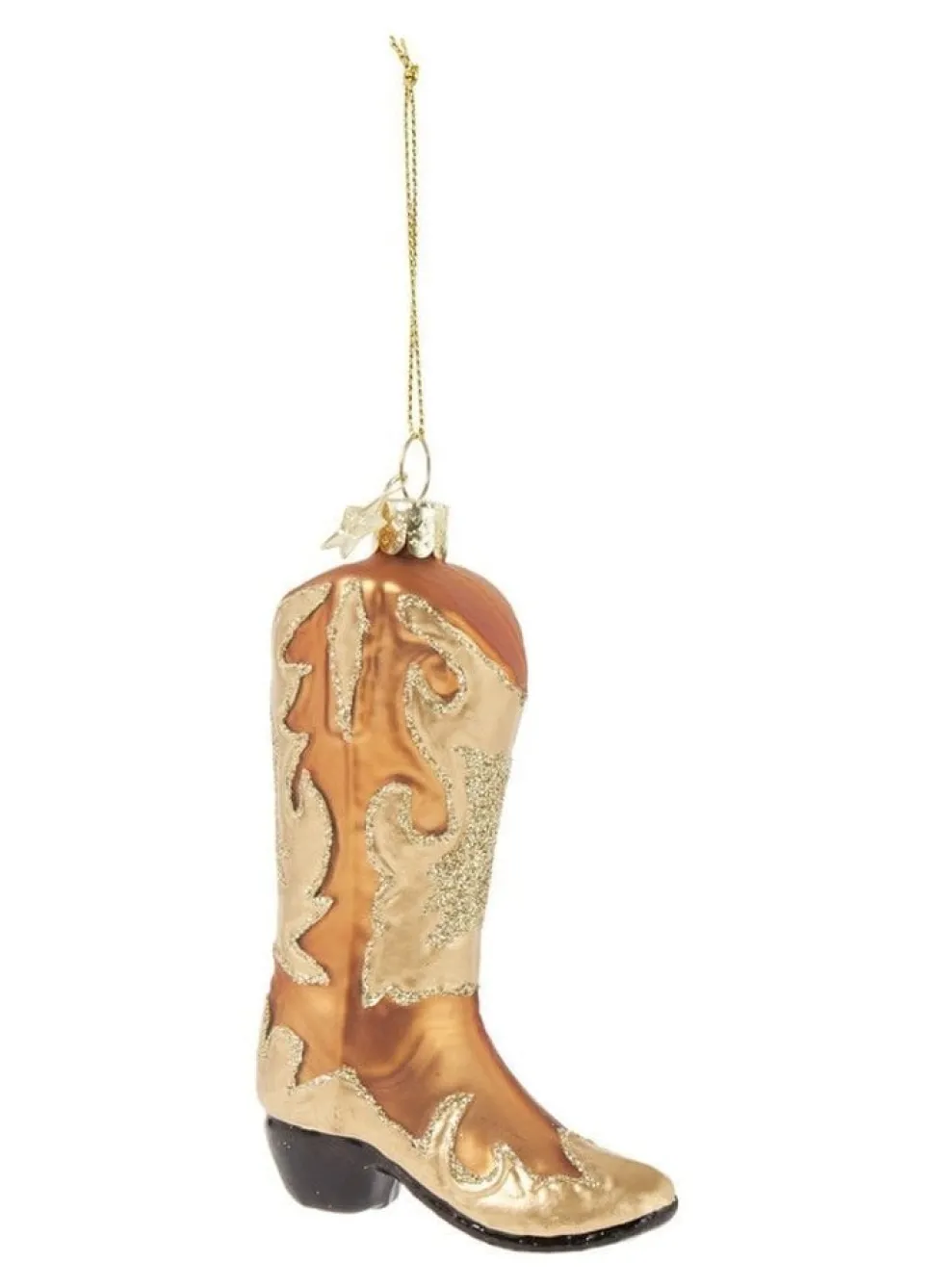 Vondels: Brown Gold Glitter Cowboy Boot kersthanger 10,5 cm